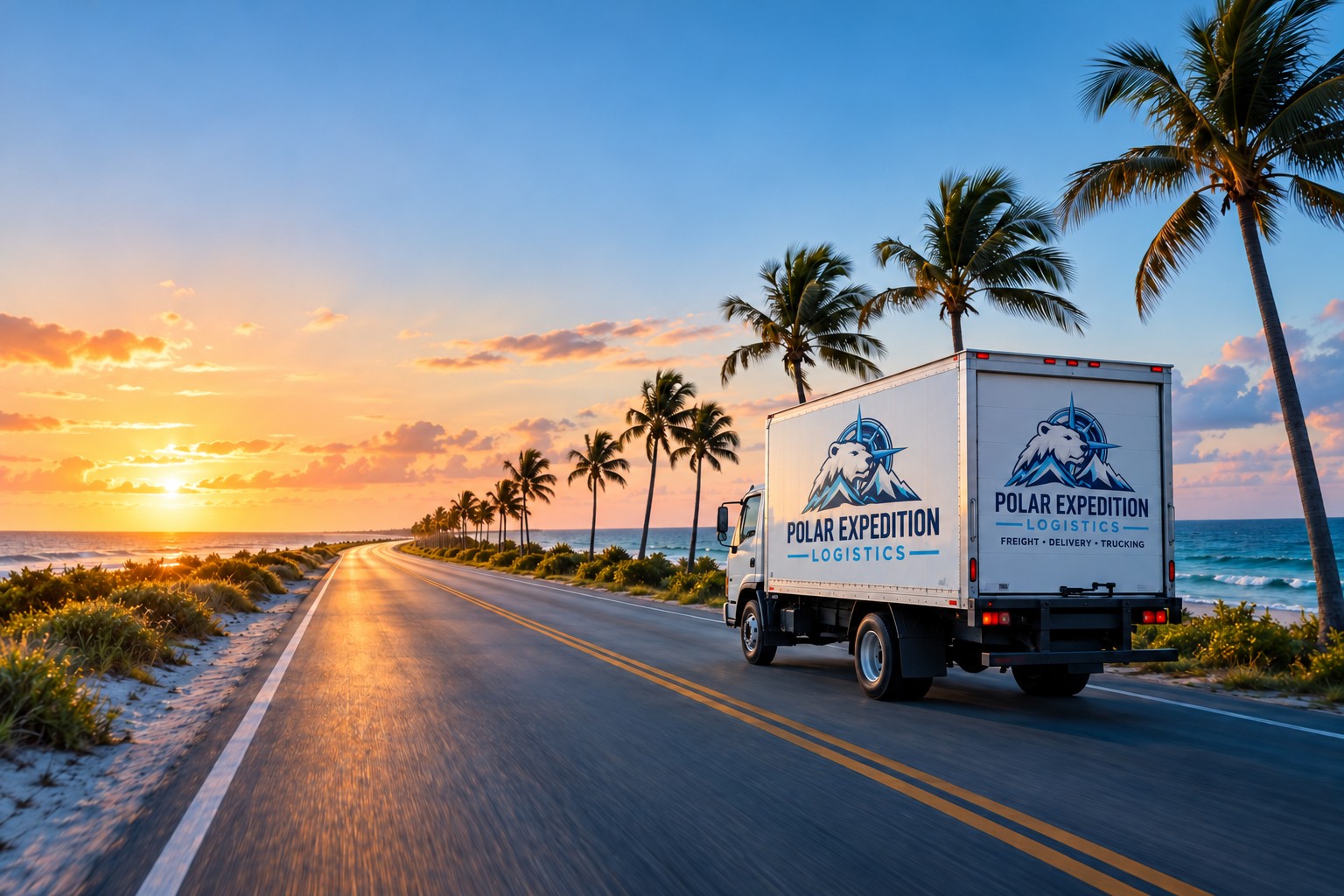 Polar Expedition Logistics branded box truck on a palm-lined Florida coastal road at sunrise