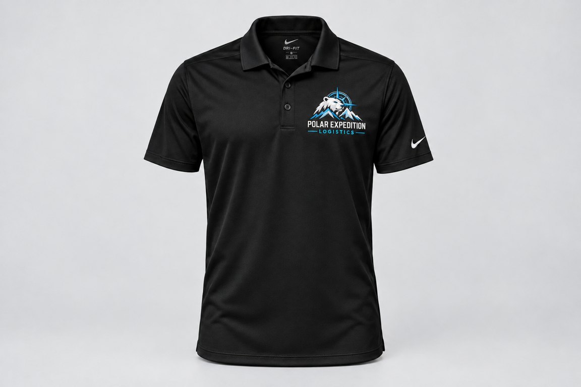 Polar Expedition Logistics black polo concept with white and icy-blue polar bear, mountain, and compass branding